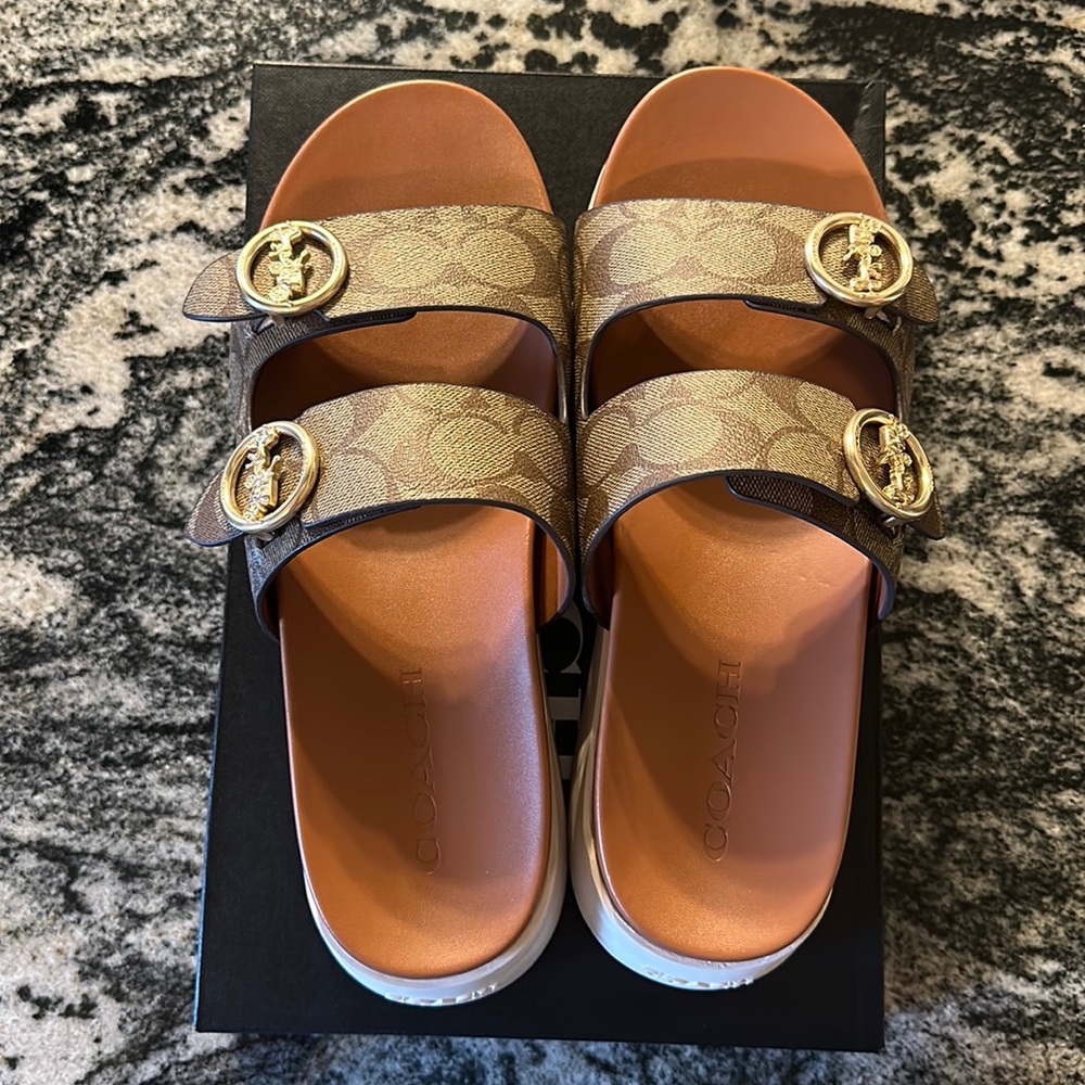 Brand new in the box coach Gable Sig Sandals never been worn in the box.
